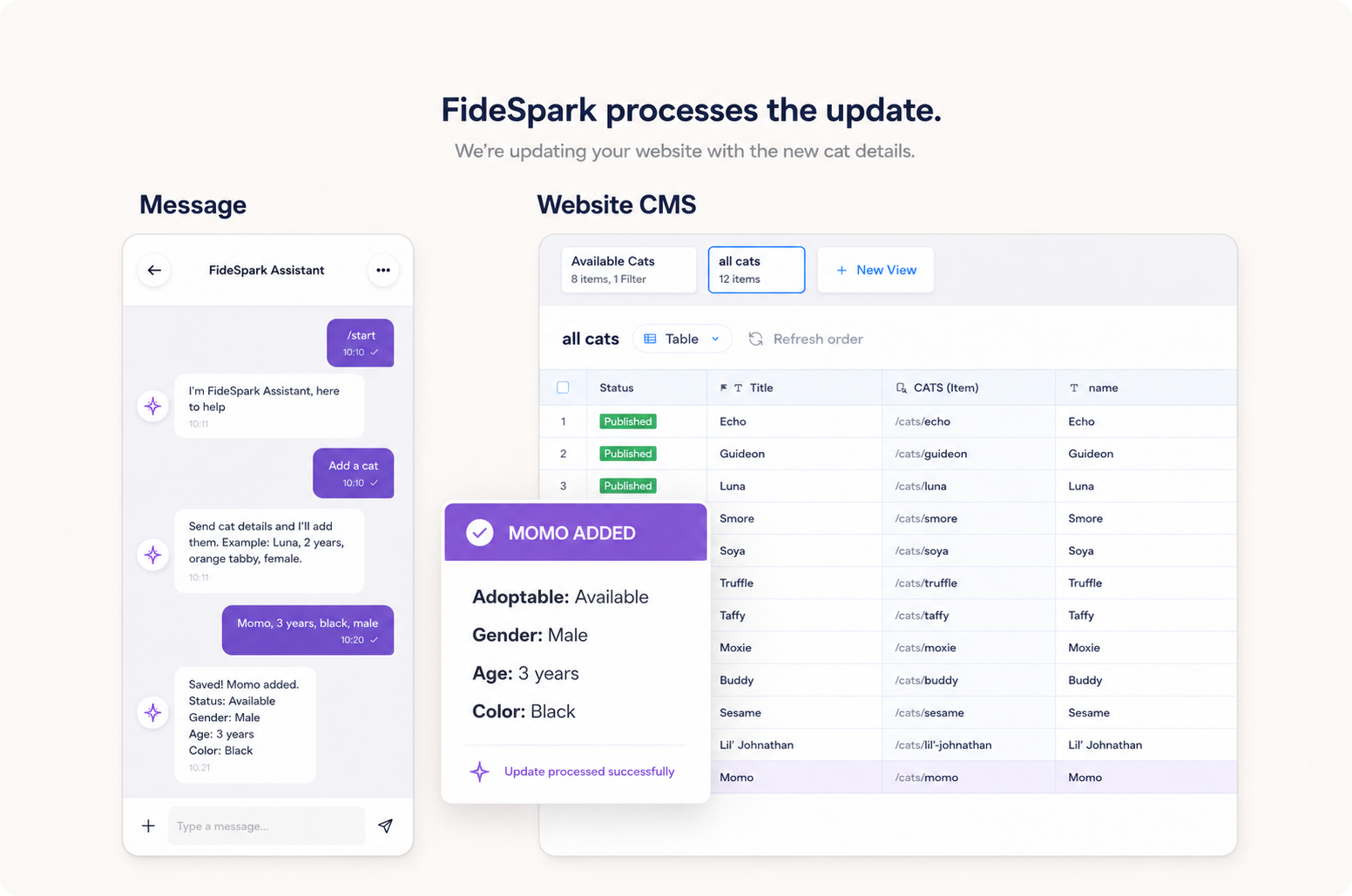 Sample workflow showing a message processed into structured cat information in the website CMS